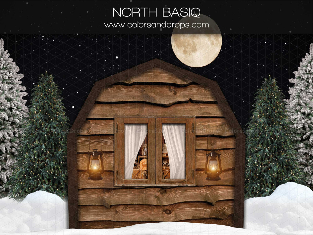 Fondo fotográfico de Navidad North Basiq – cabaña de madera con ventana y luna llena | Colors&Drops