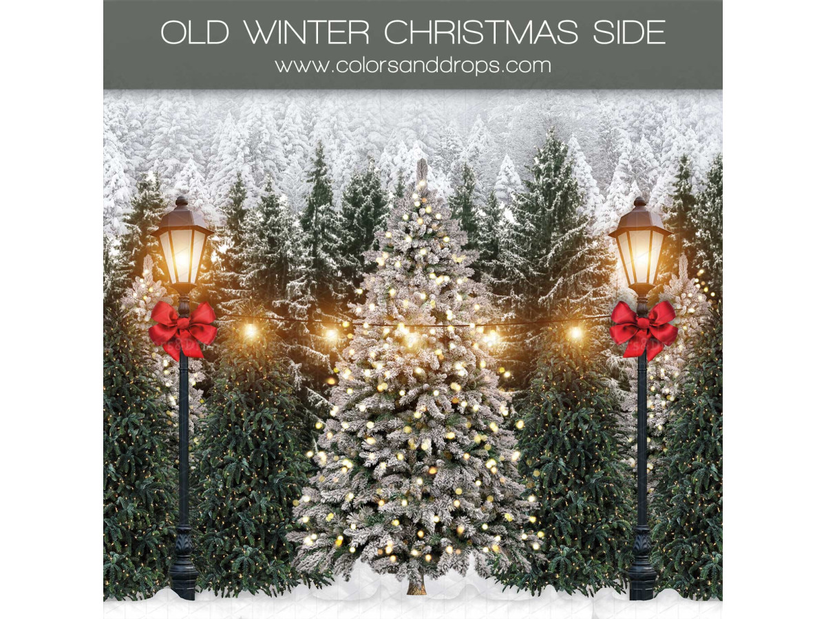 Fond photo latéral Old Winter Christmas Side – sapin illuminé entre deux lampadaires en forêt enneigée | Colors&Drops