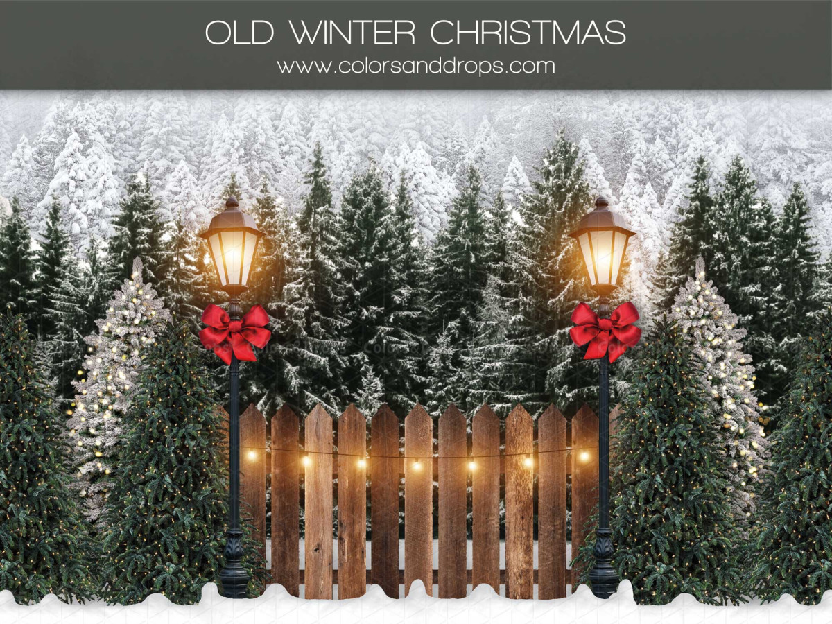 Fond photo Old Winter Christmas – palissade et lampadaires dans forêt enneigée | Colors&Drops