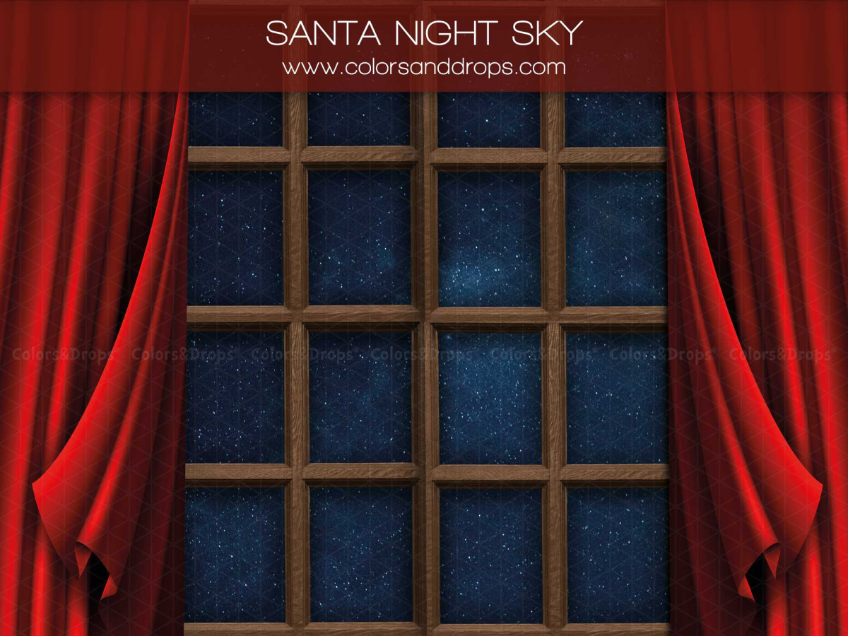 Fondo fotográfico de Navidad Santa Night Sky – ventana nocturna con cortinas rojas | Colors&Drops
