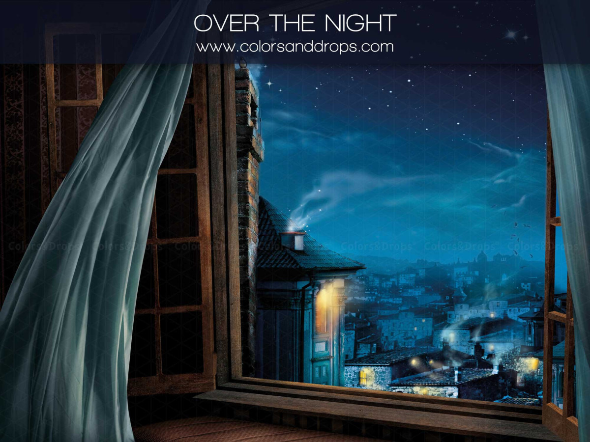 Fond photo de Noël Over the Night – fenêtre ouverte sur village enneigé la nuit | Colors&Drops