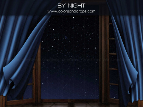 Fondo fotográfico de Navidad By Night – ventana de noche estrellada con cortinas azules | Colors&Drops