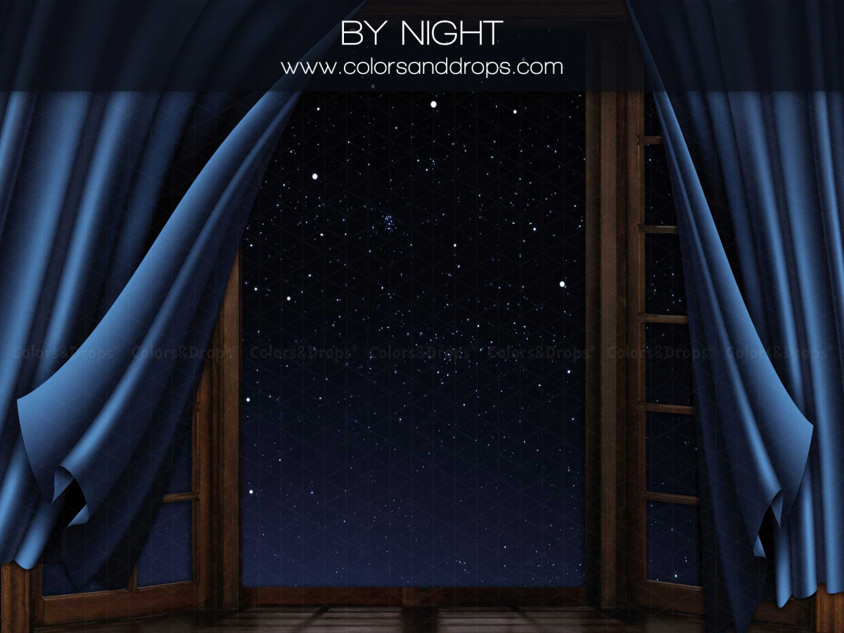 Fond photo de Noël By Night – fenêtre de nuit étoilée avec rideaux bleus | Colors&Drops