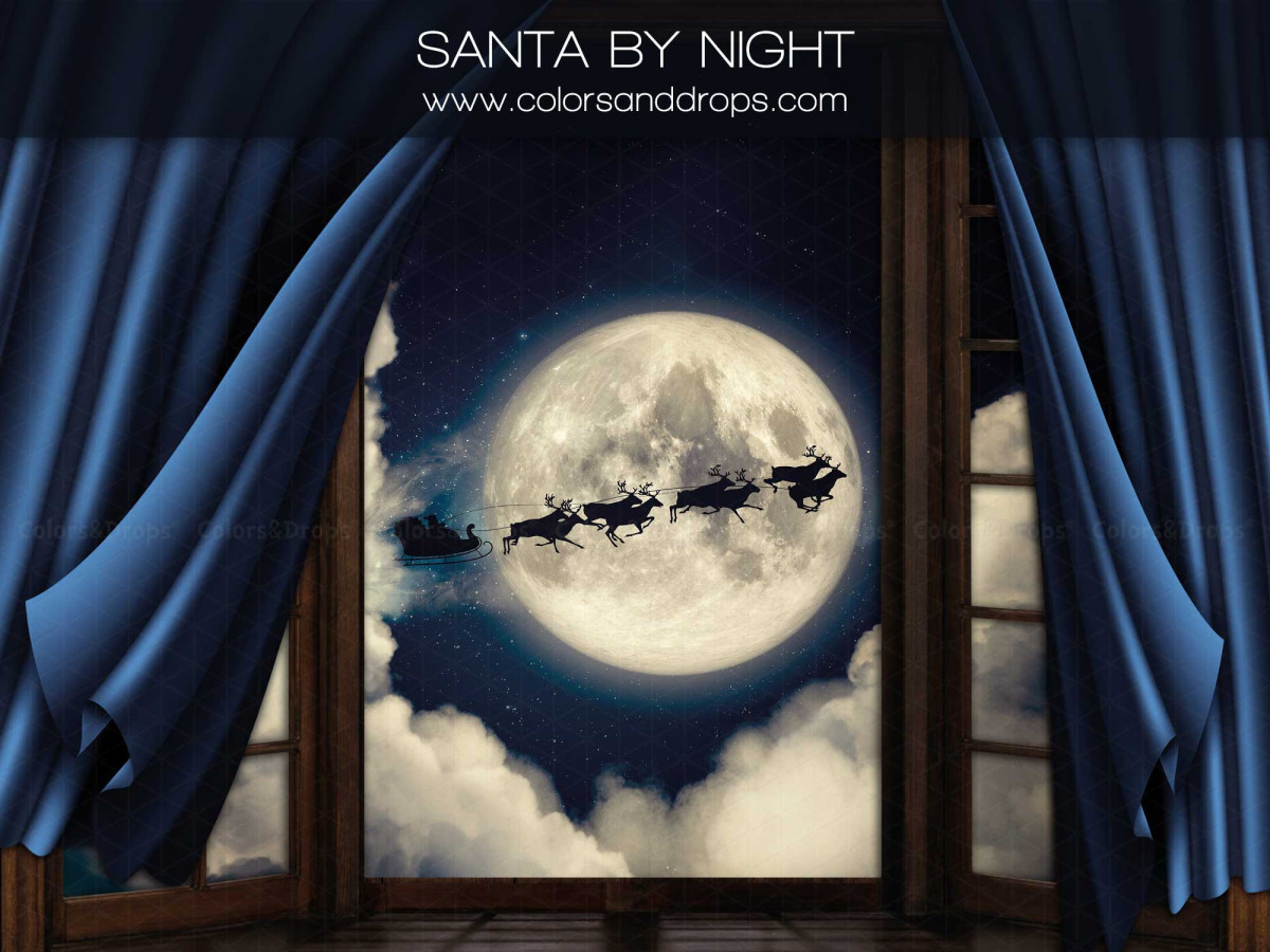 Christmas photo backdrop Santa by Night – window with full moon and Santa's sleigh | Colors&Drops