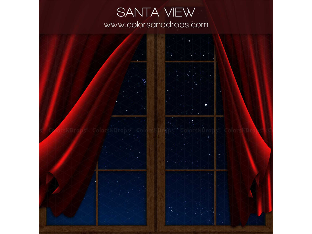 Fond photo latéral de Noël Santa View – fenêtre de nuit étoilée avec rideaux rouges | Colors&Drops