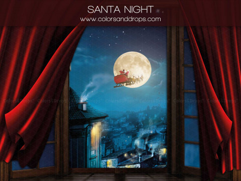 Fondo fotográfico de Navidad Santa Night – ventana a pueblo nocturno con trineo ante la luna | Colors&Drops