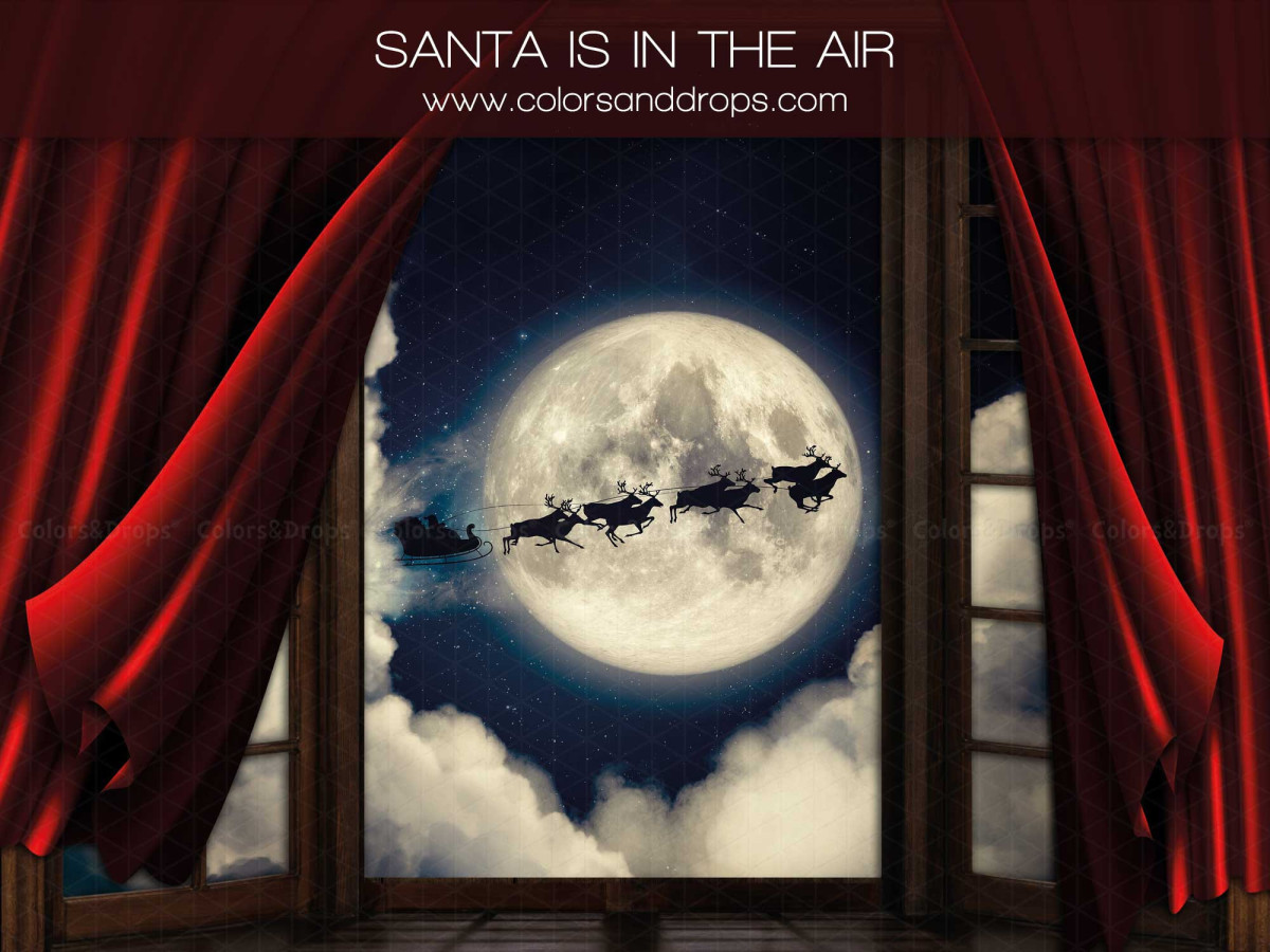Christmas photo backdrop Santa Is in the Air – red-curtained window with moon and flying reindeer | Colors&Drops
