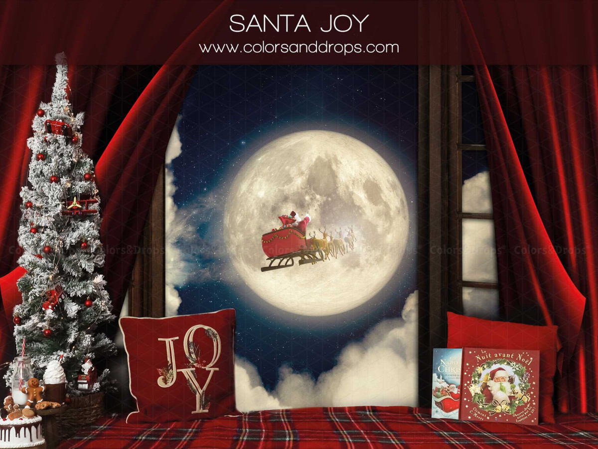Fondo fotográfico de Navidad Santa Joy – ventana navideña con luna, abeto y cojines Joy | Colors&Drops