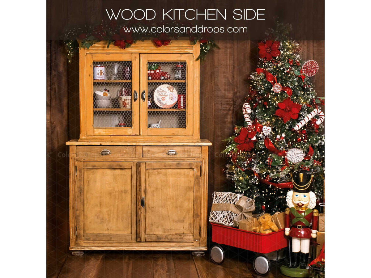 Fondo fotográfico lateral de Navidad Wood Kitchen Side – aparador de madera con abeto y cascanueces | Colors&Drops