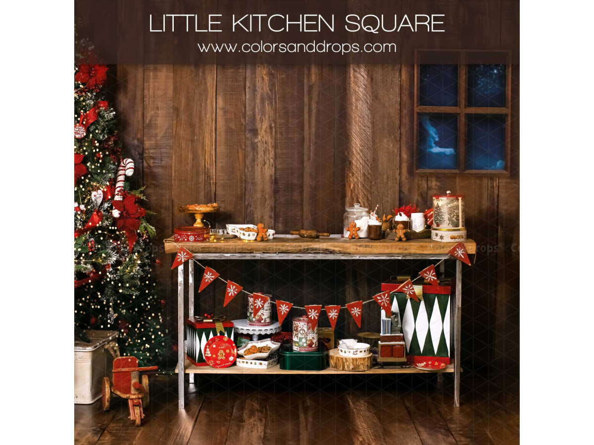 Fond photo latéral de Noël Little Kitchen Square – cuisine de Noël en bois avec desserte et fenêtre | Colors&Drops
