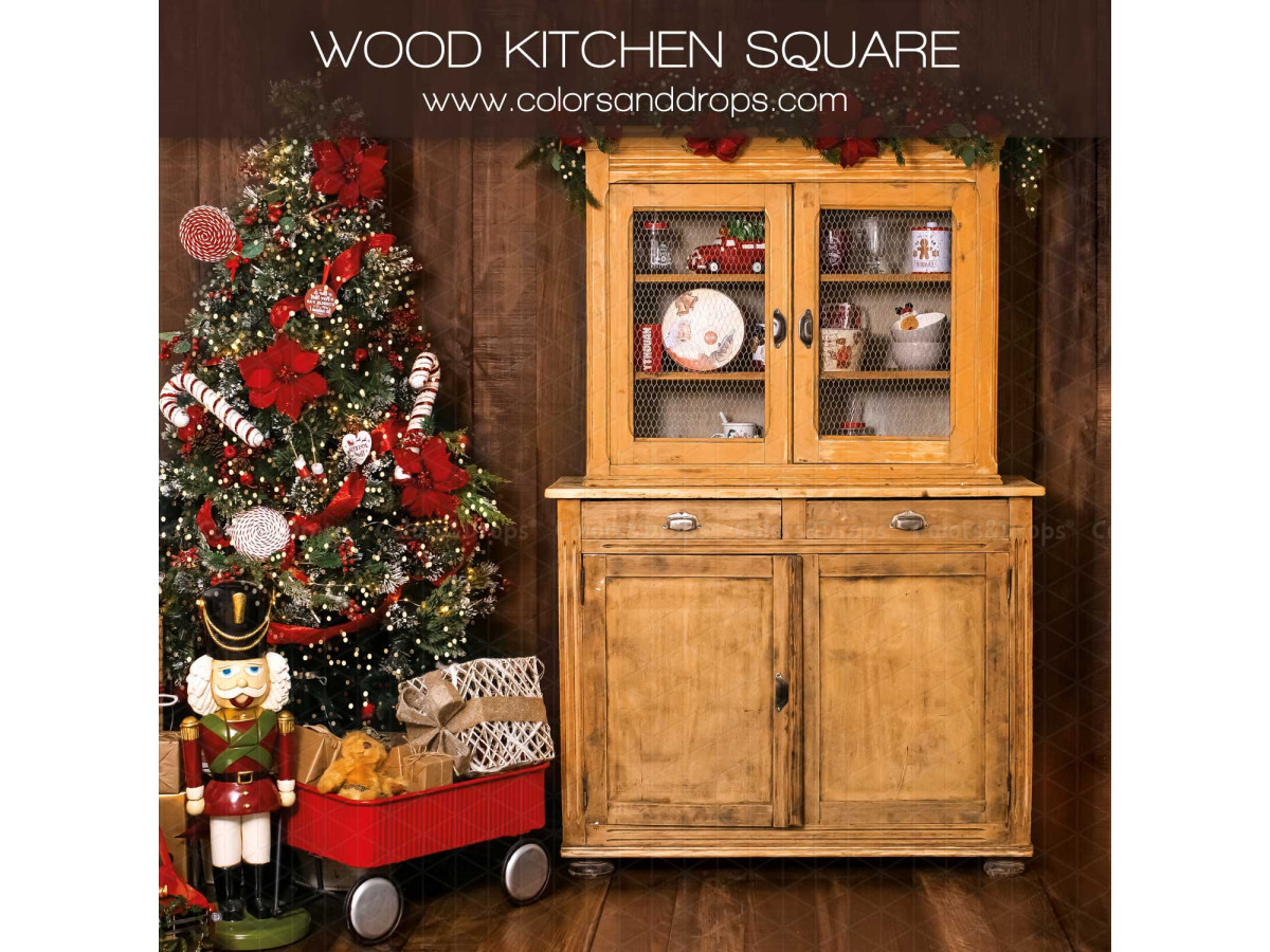 Christmas side photo backdrop Wood Kitchen Square – wooden dresser with tree and gift wagon | Colors&Drops