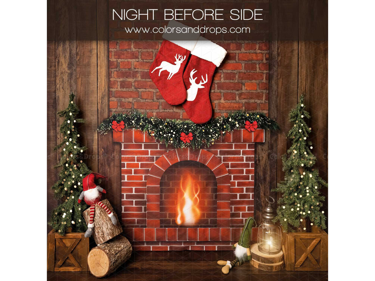 Fondo fotográfico lateral de Navidad Night Before Side – chimenea de ladrillo con fuego y calcetines navideños | Colors&Drops