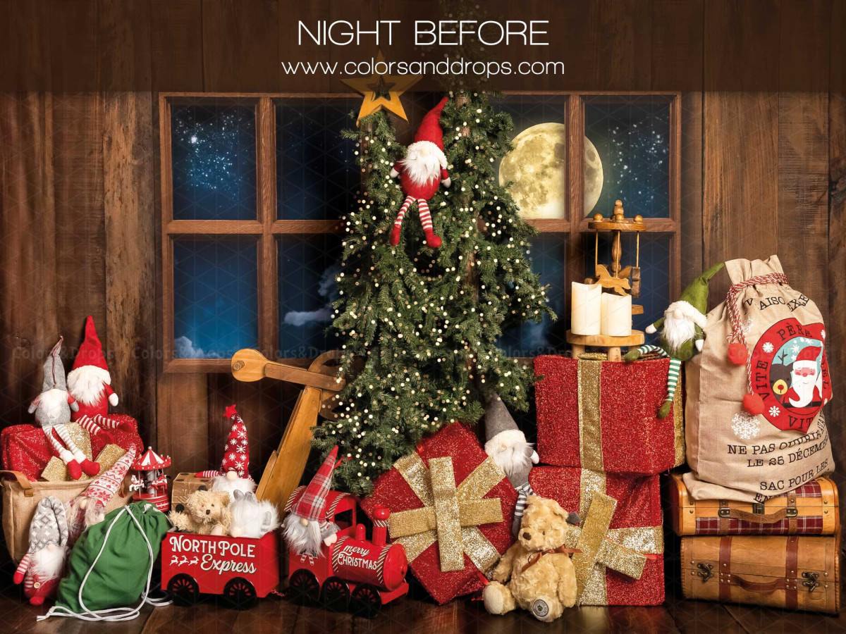 Fondo fotográfico de Navidad Night Before – nochebuena con abeto, regalos y ventana | Colors&Drops
