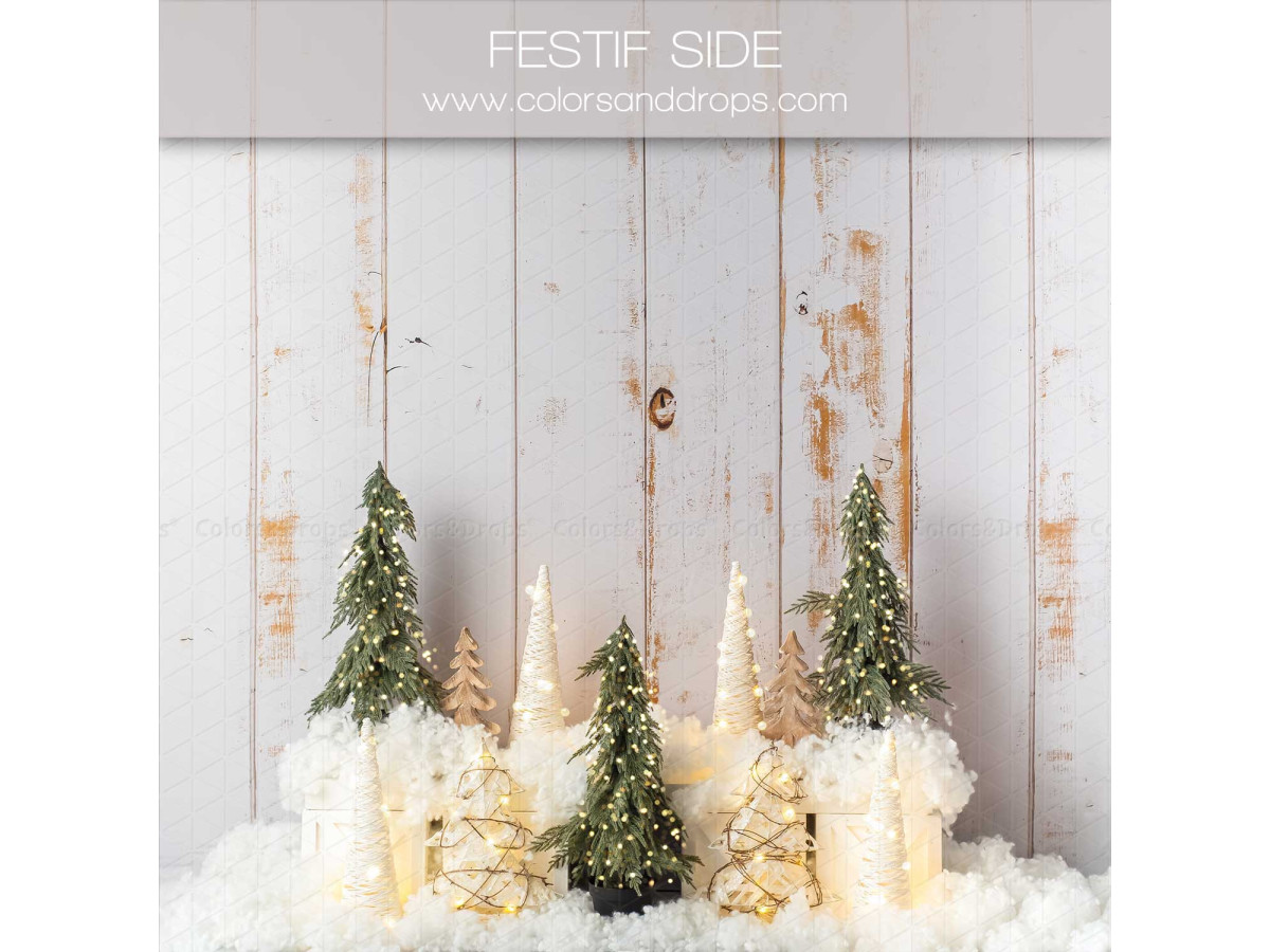 Christmas side photo backdrop Festif Side – white wooden planks with small fir trees and snow | Colors&Drops