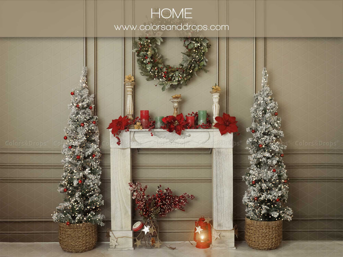 Christmas photo backdrop Home – white fireplace with wreath and snowy trees on panelling | Colors&Drops