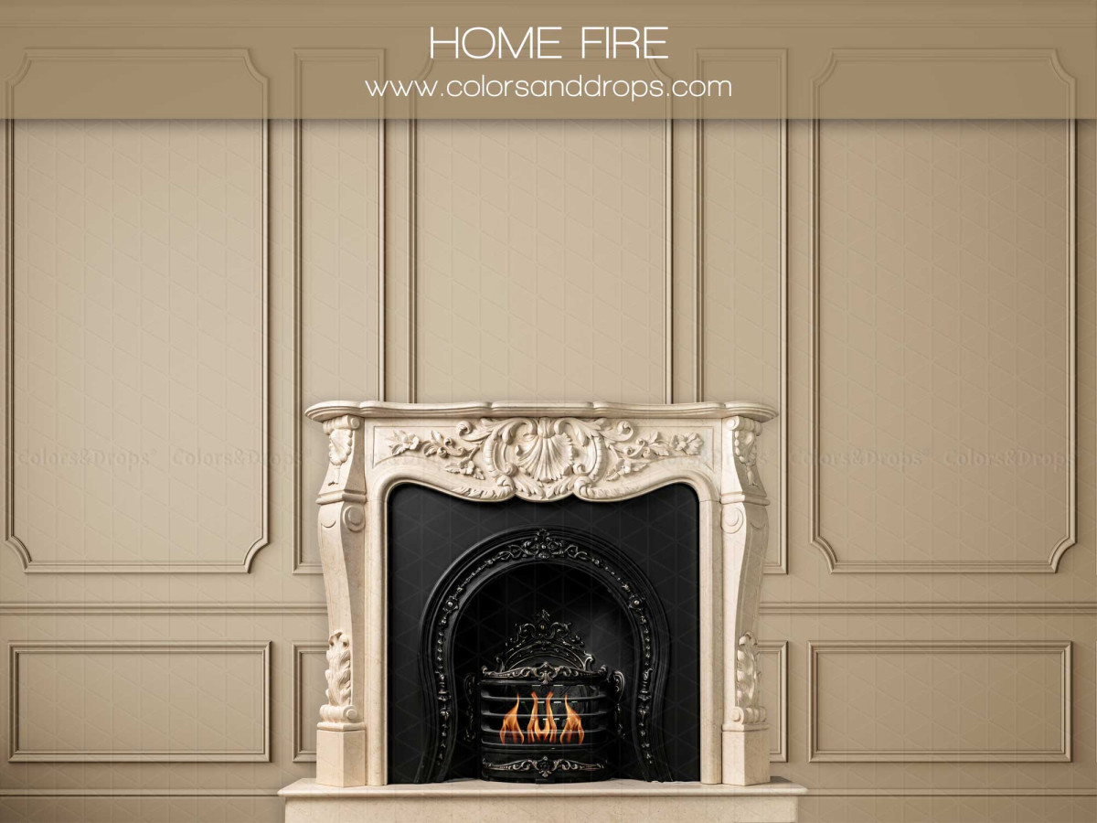 Christmas photo backdrop Home Fire – carved white fireplace on beige panelling | Colors&Drops