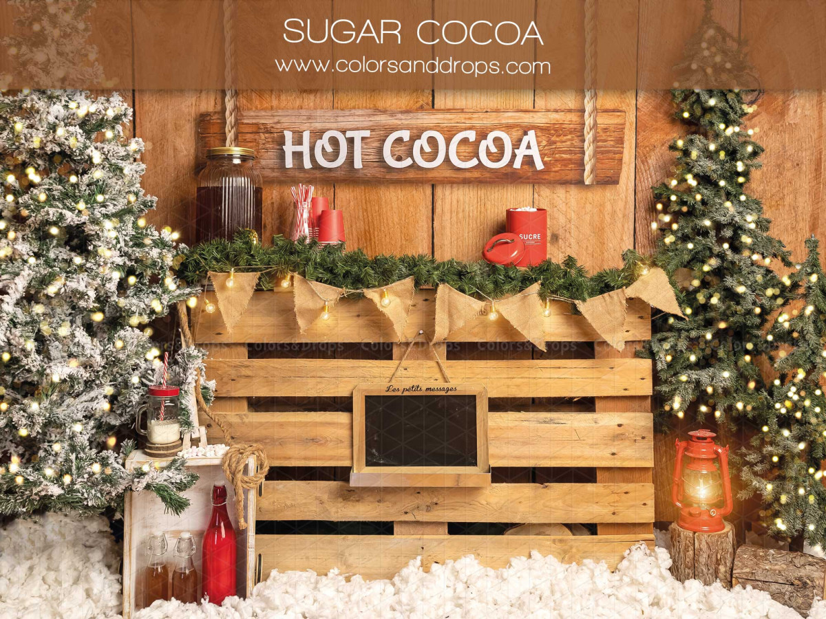 Fondo fotográfico de Navidad Sugar Cocoa – puesto de chocolate caliente de palés con abetos | Colors&Drops