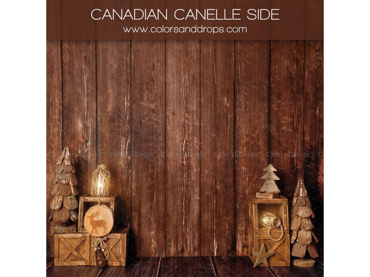 Fond photo latéral de Noël Canadian Cannelle Side – mur en bois avec sapins en bois et caisses | Colors&Drops