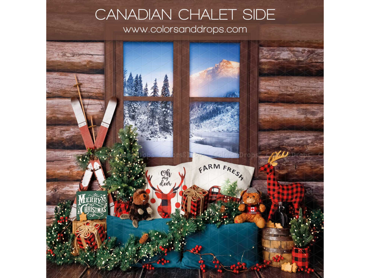 Fondo fotográfico lateral de Navidad Canadian Chalet Side – cabaña de troncos con ventana a la montaña y reno | Colors&Drops