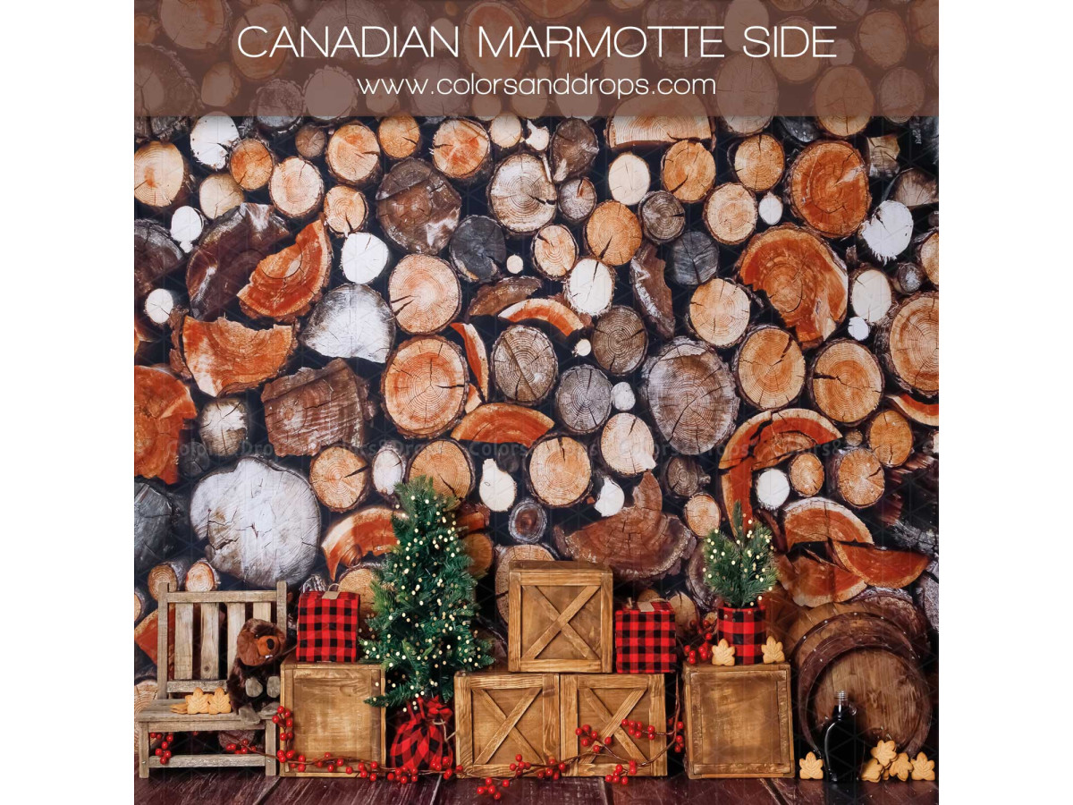 Fond photo latéral de Noël Canadian Marmotte Side – pile de bûches avec sapin et caisses format portrait | Colors&Drops