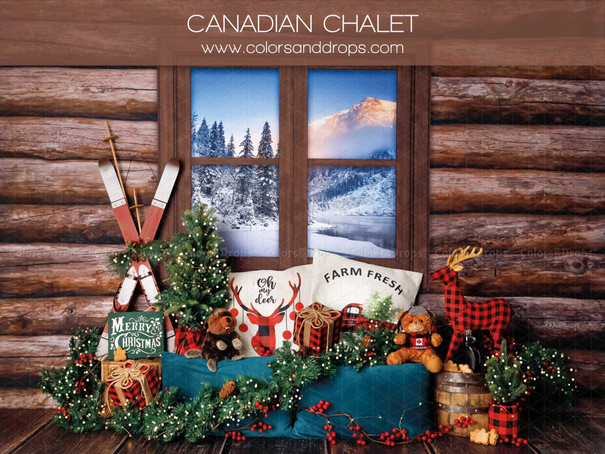 Fond photo de Noël Canadian Chalet – chalet en rondins avec fenêtre, skis et cadeaux | Colors&Drops