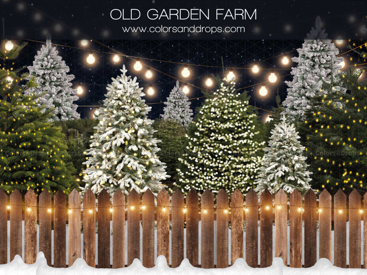Fondo fotográfico de Navidad Old Garden Farm – valla de madera con abetos nevados y guirnalda de noche | Colors&Drops