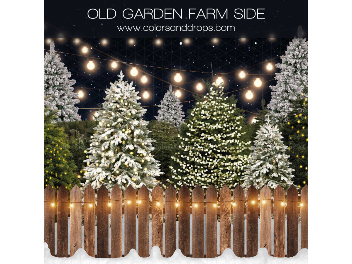 Fondo fotográfico lateral de Navidad Old Garden Farm Side – valla y abetos nevados con guirnalda de luces de | Colors&Drops