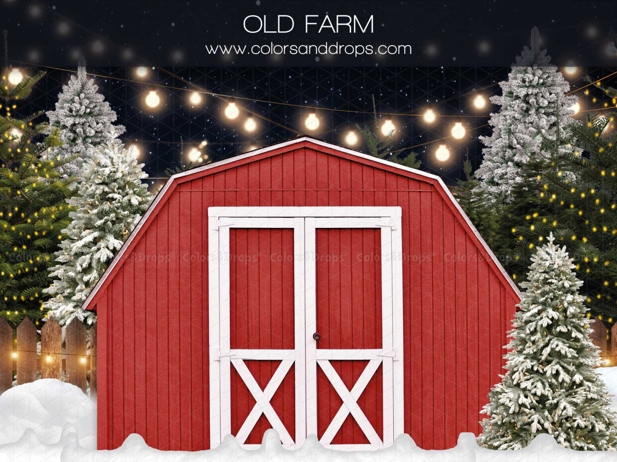 Christmas photo backdrop Old Farm – red barn between snowy fir trees at night | Colors&Drops