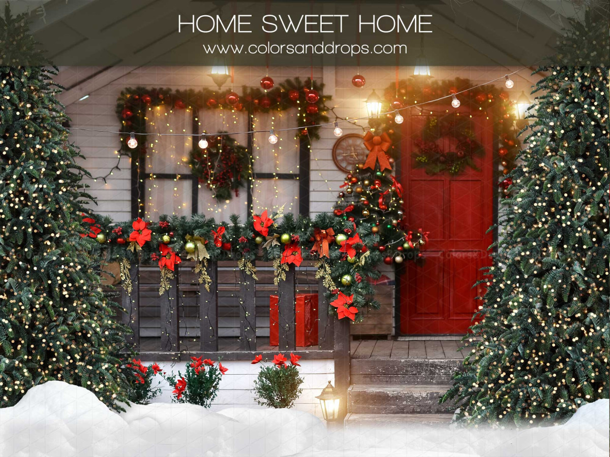 Christmas photo backdrop Home Sweet Home – house porch decorated for Christmas with red door | Colors&Drops