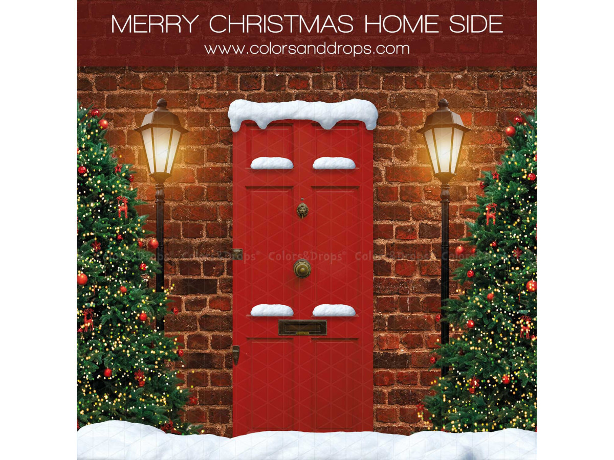 Side photo backdrop Merry Christmas Home Side – red door on brick wall with lamps and fir trees | Colors&Drops
