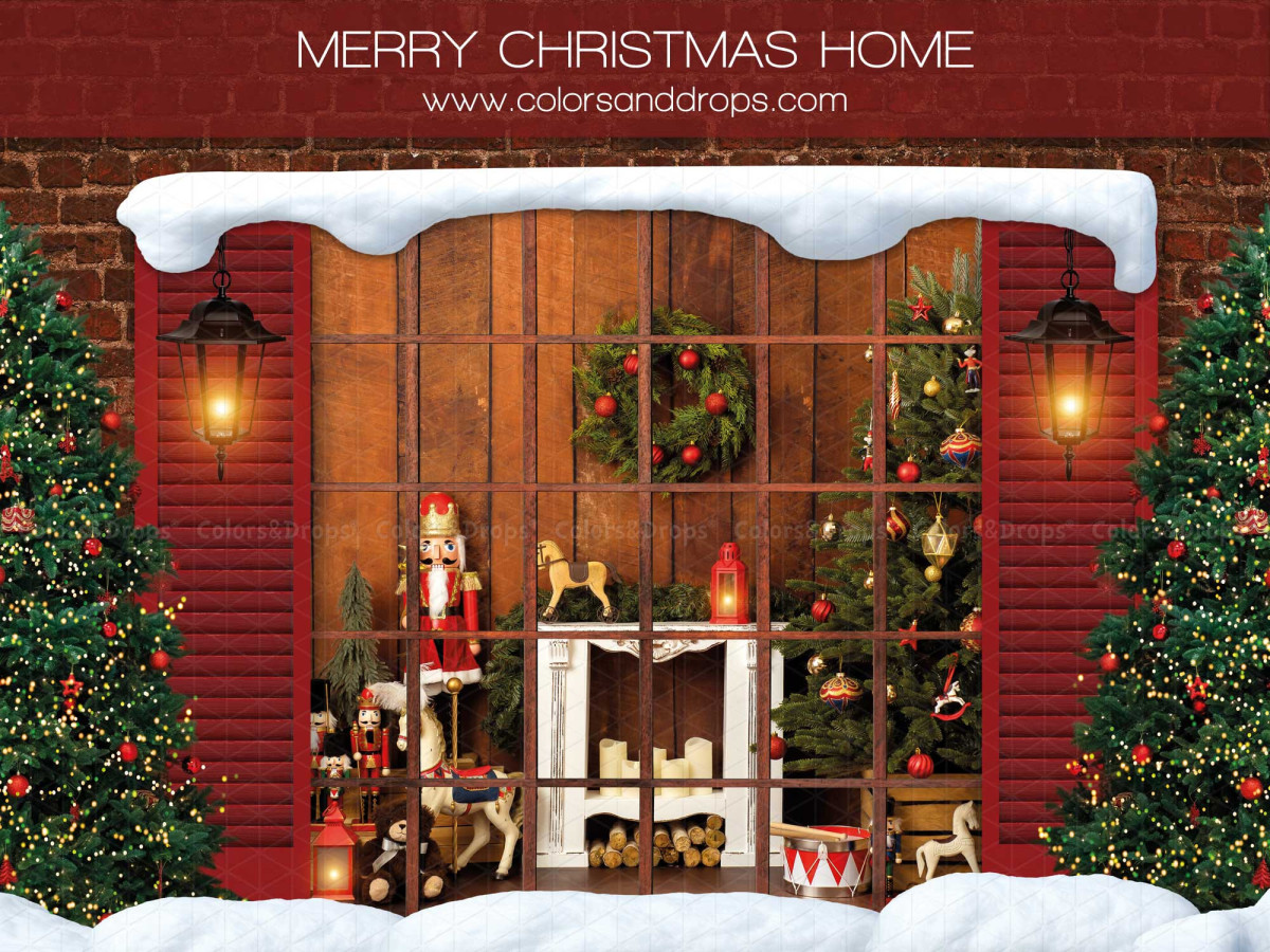 Fond photo Merry Christmas Home – vitrine de Noël en brique rouge avec casse-noisettes | Colors&Drops