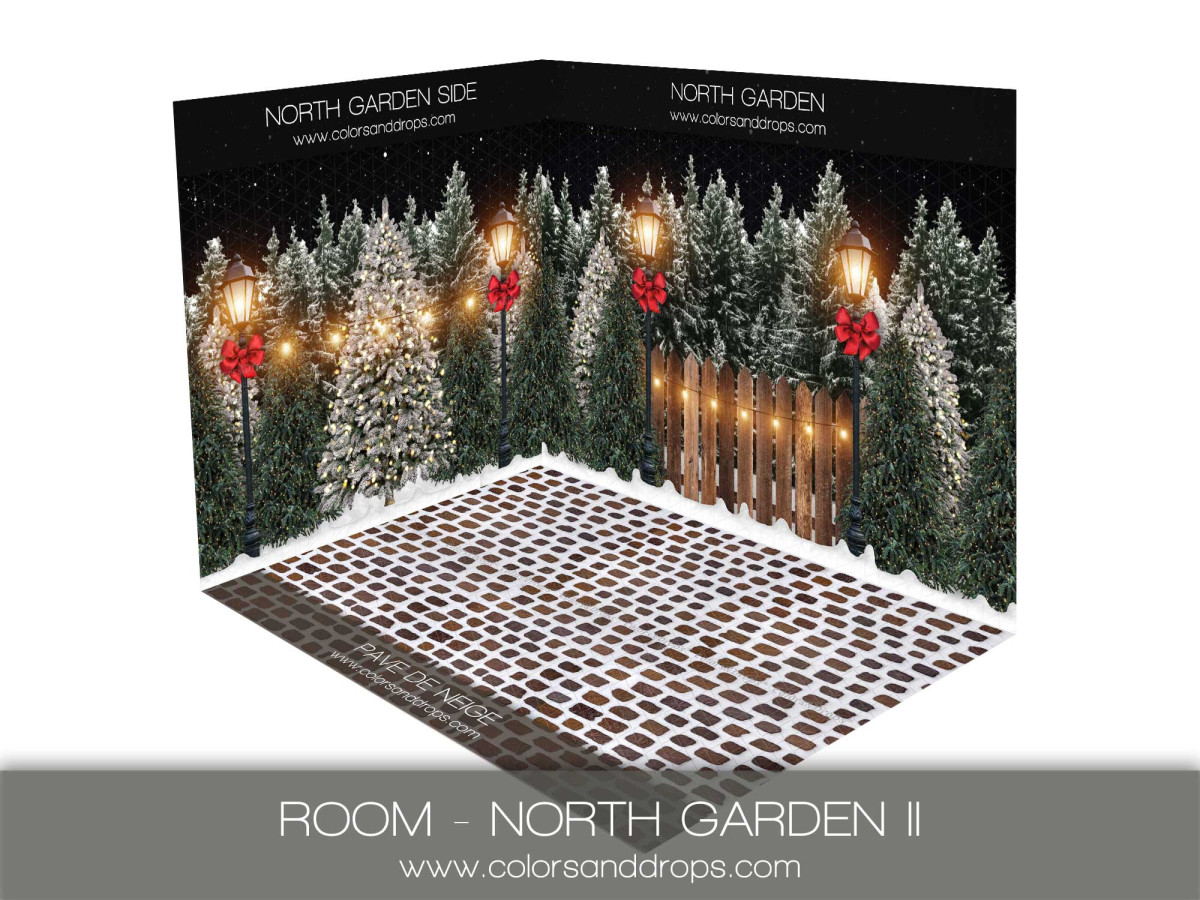 Fond photo d'angle de Noël North Garden II – sapins et lampadaires la nuit avec pavés | Colors&Drops