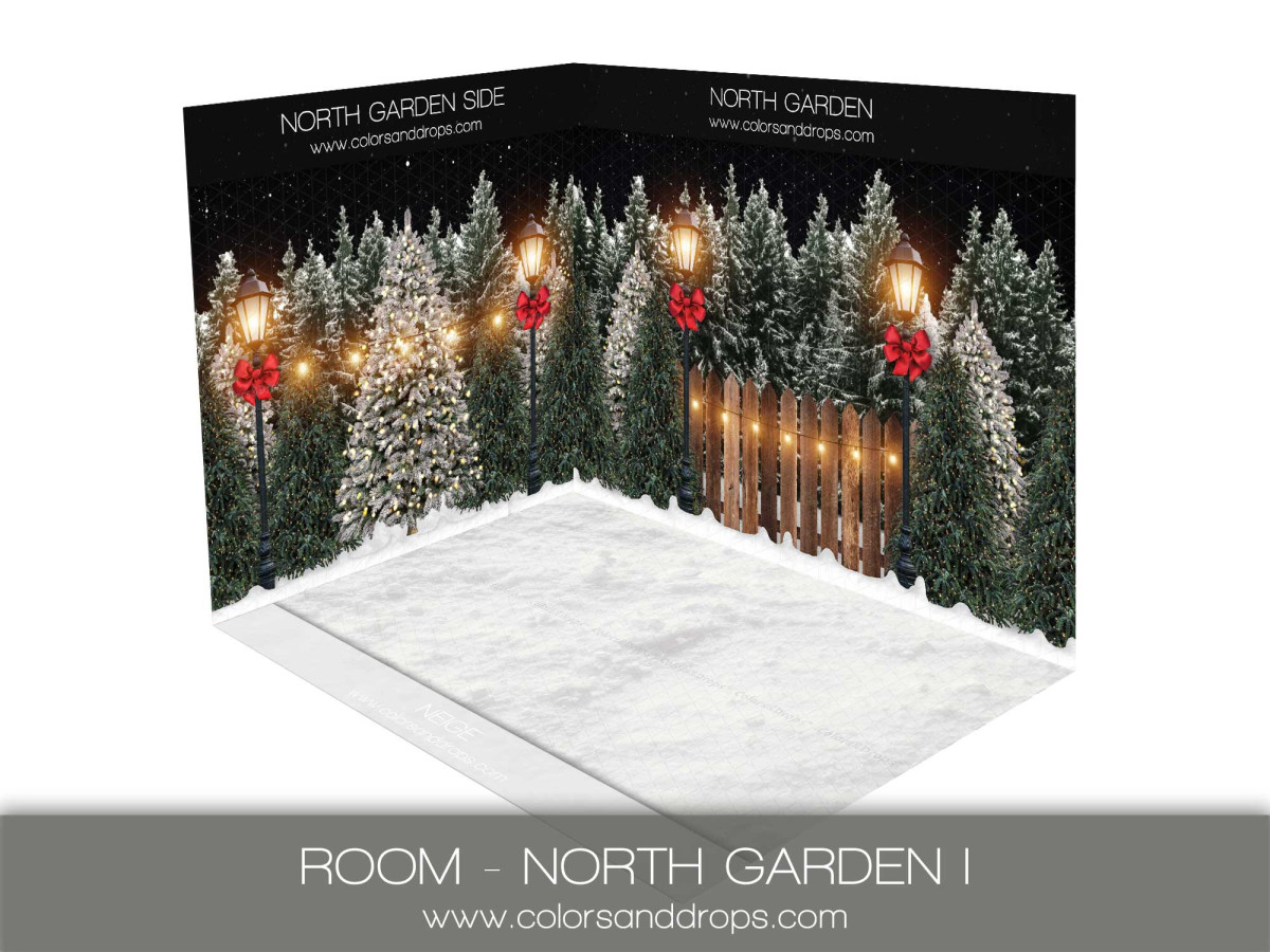 Fond photo d'angle de Noël North Garden I – sapins et lampadaires la nuit avec neige | Colors&Drops