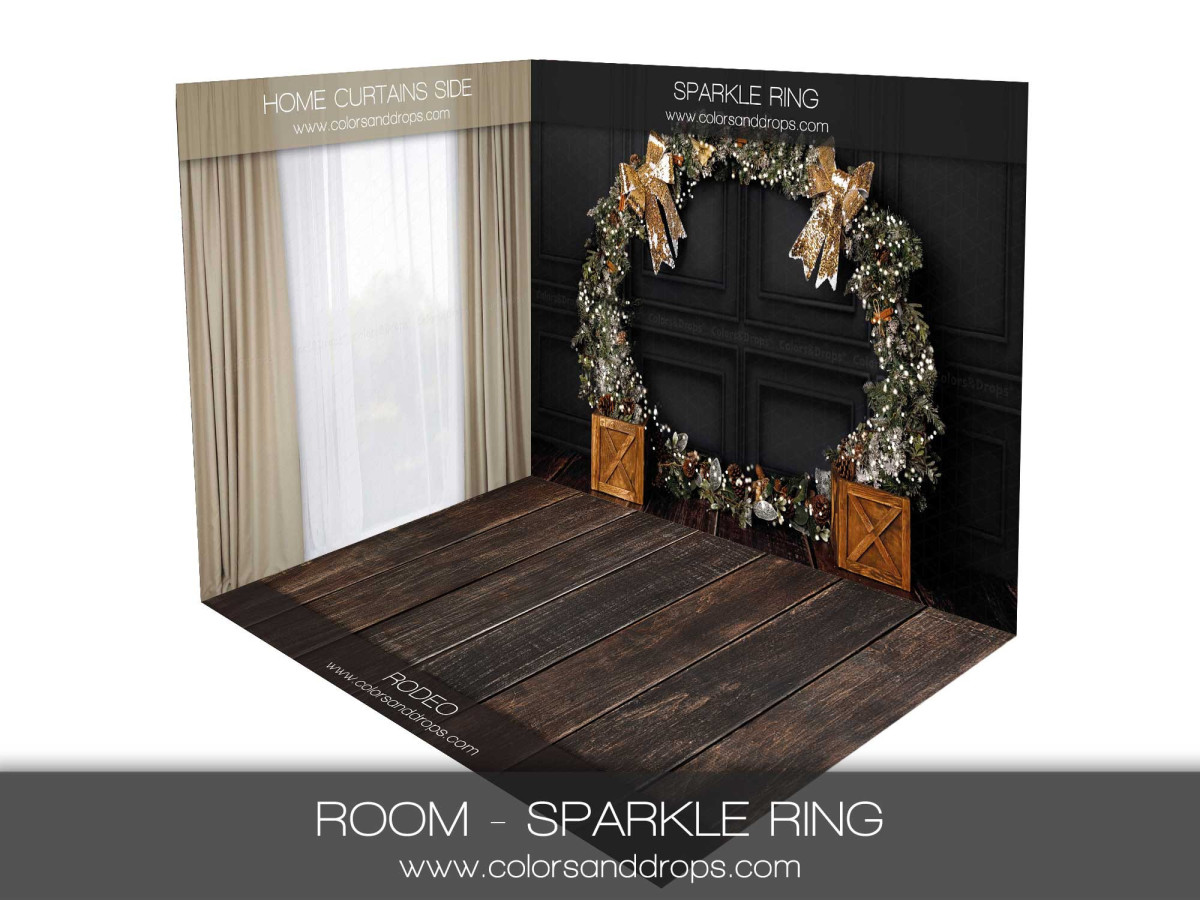Fondo fotográfico de esquina de Navidad Sparkle Ring – decorado en esquina con cortinas y corona gigante sobre | Colors&Drops