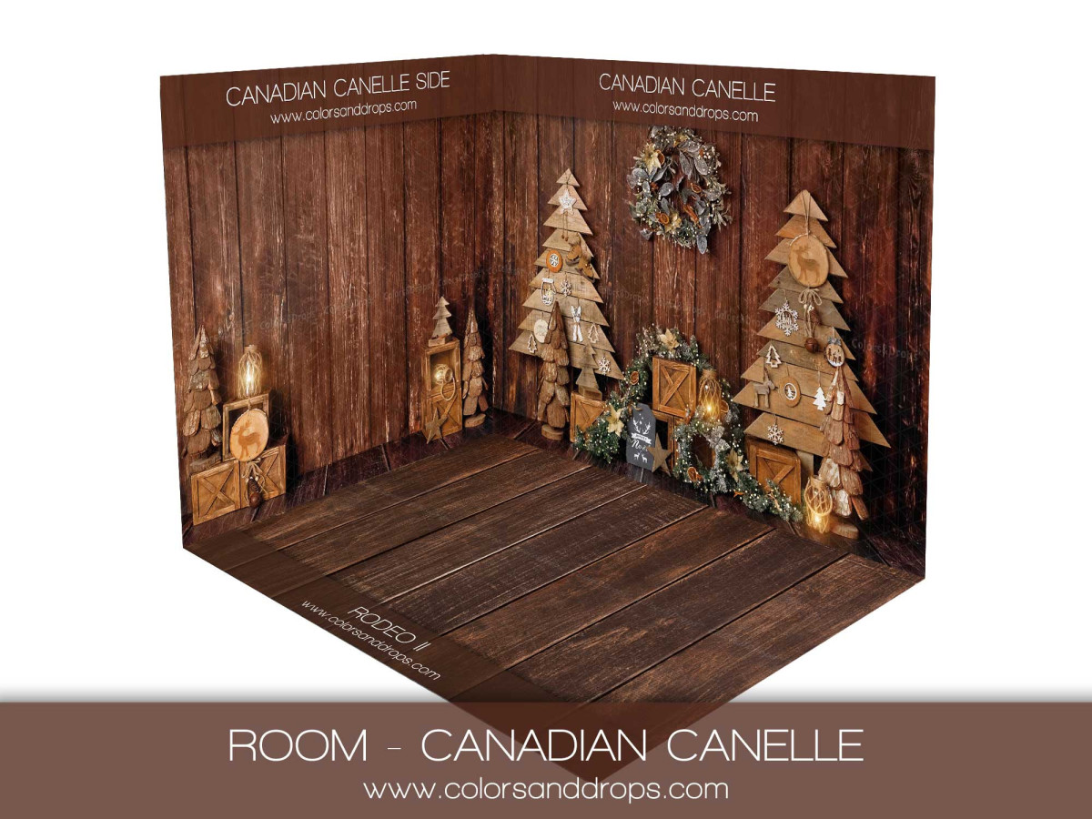 Fond photo d'angle de Noël Canadian Cannelle – bois avec sapins en bois et couronne | Colors&Drops