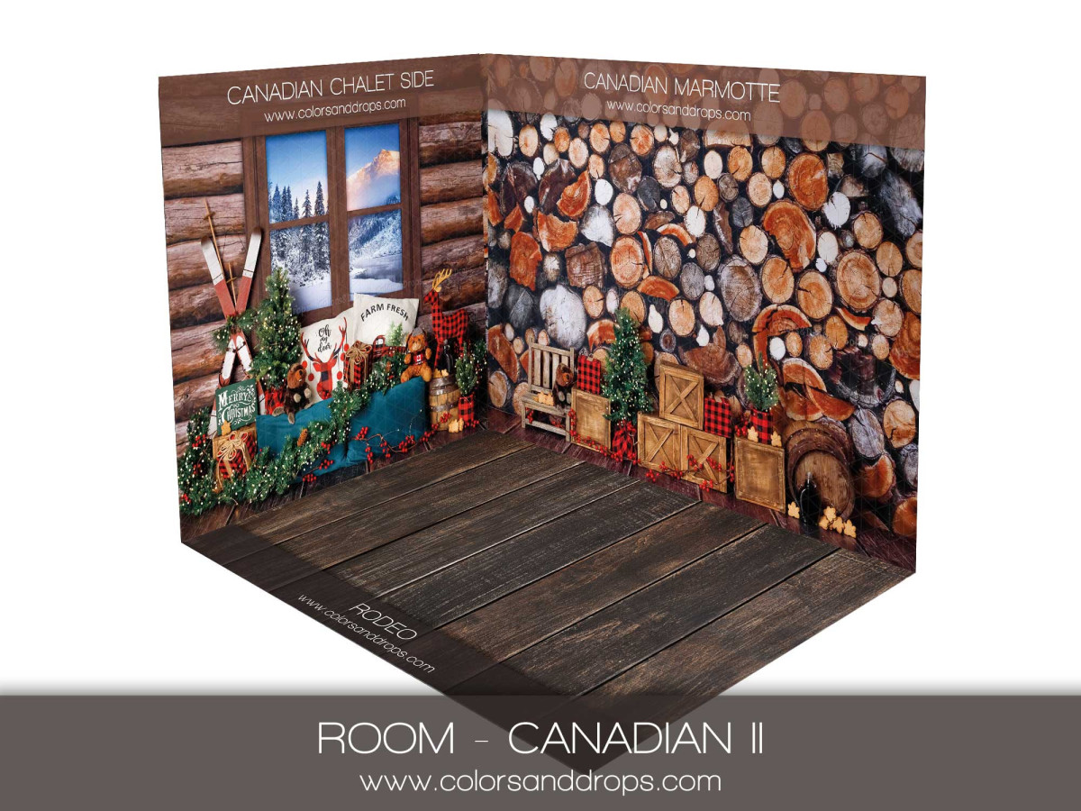 Christmas corner photo backdrop Canadian II – log cabin and log pile | Colors&Drops