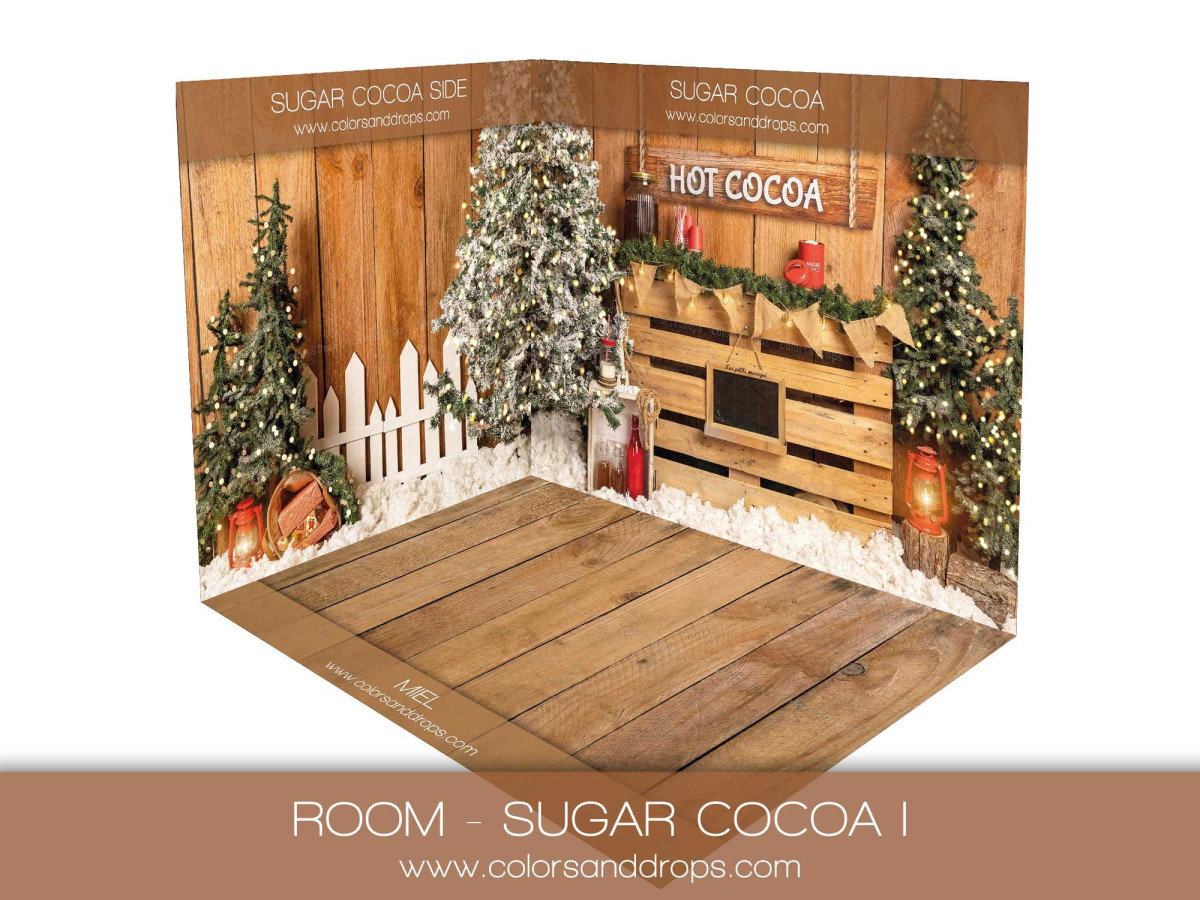 Christmas corner photo backdrop Sugar Cocoa – hot cocoa corner set with fir trees and pallets | Colors&Drops