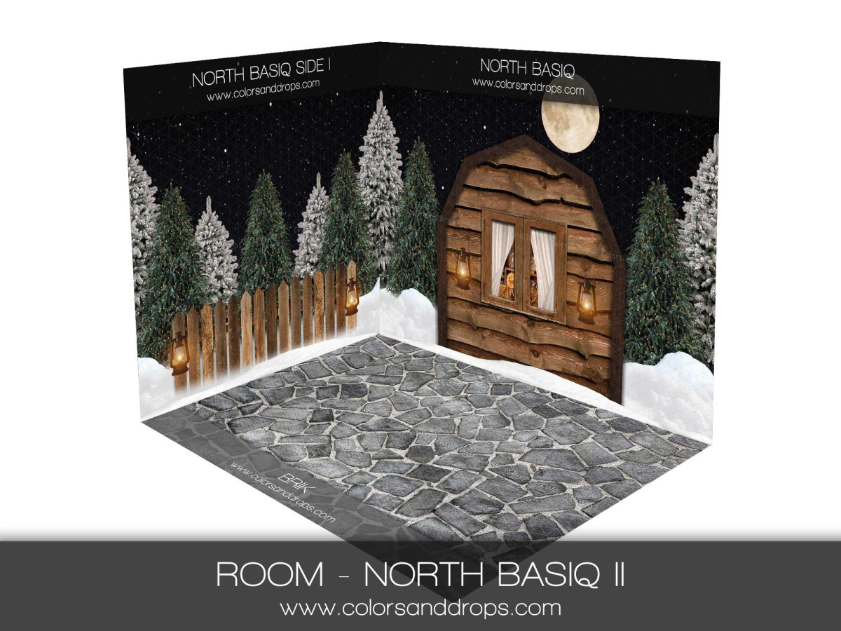 Christmas corner photo backdrop North Basiq II – wooden cabin at night with cobblestones | Colors&Drops