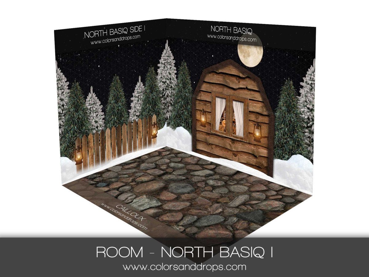 Christmas corner photo backdrop North Basiq I – cabin and fence at night with stone floor | Colors&Drops