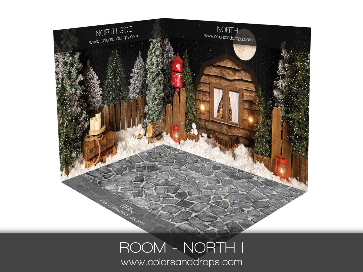 Fond photo d'angle de Noël North I – cabane de nuit avec pavés gris | Colors&Drops