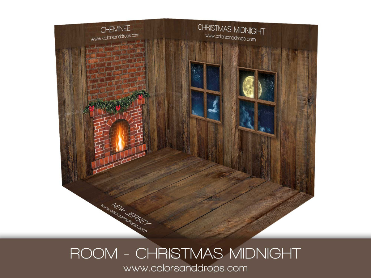 Corner photo backdrop Christmas Midnight – brick fireplace and night window | Colors&Drops