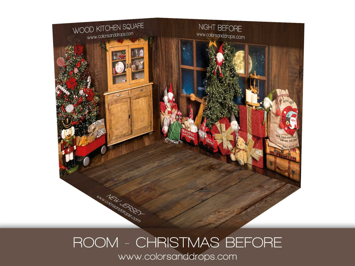 Corner photo backdrop Christmas Before – dresser and tree with gifts | Colors&Drops