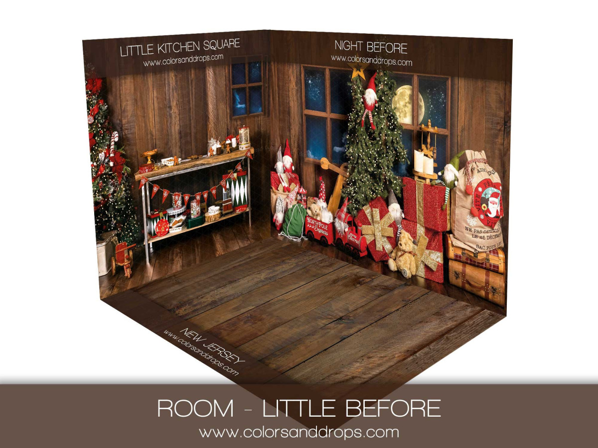 Christmas corner photo backdrop Little Before – Christmas kitchen and tree with gifts | Colors&Drops