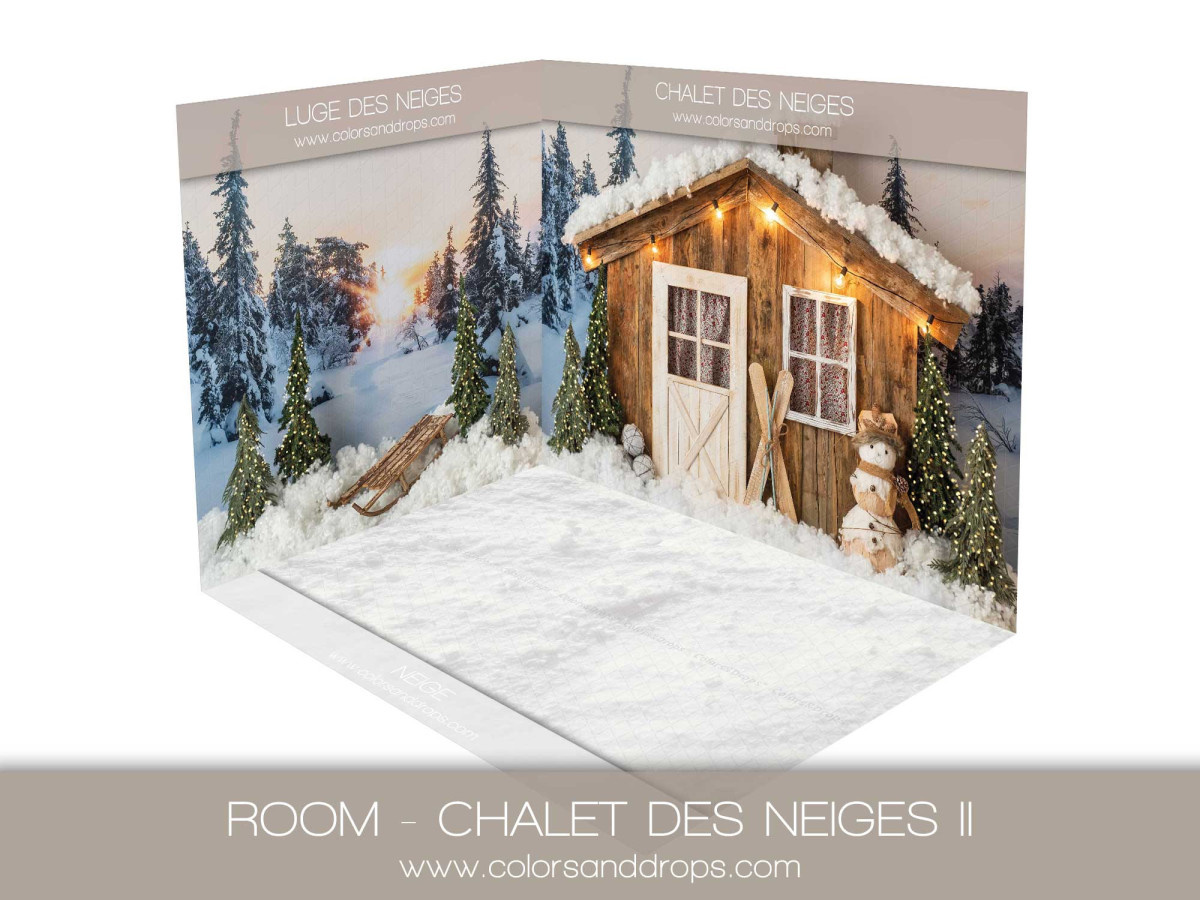 Fond photo d'angle de Noël Chalet des Neiges II – chalet enneigé avec sol de neige | Colors&Drops