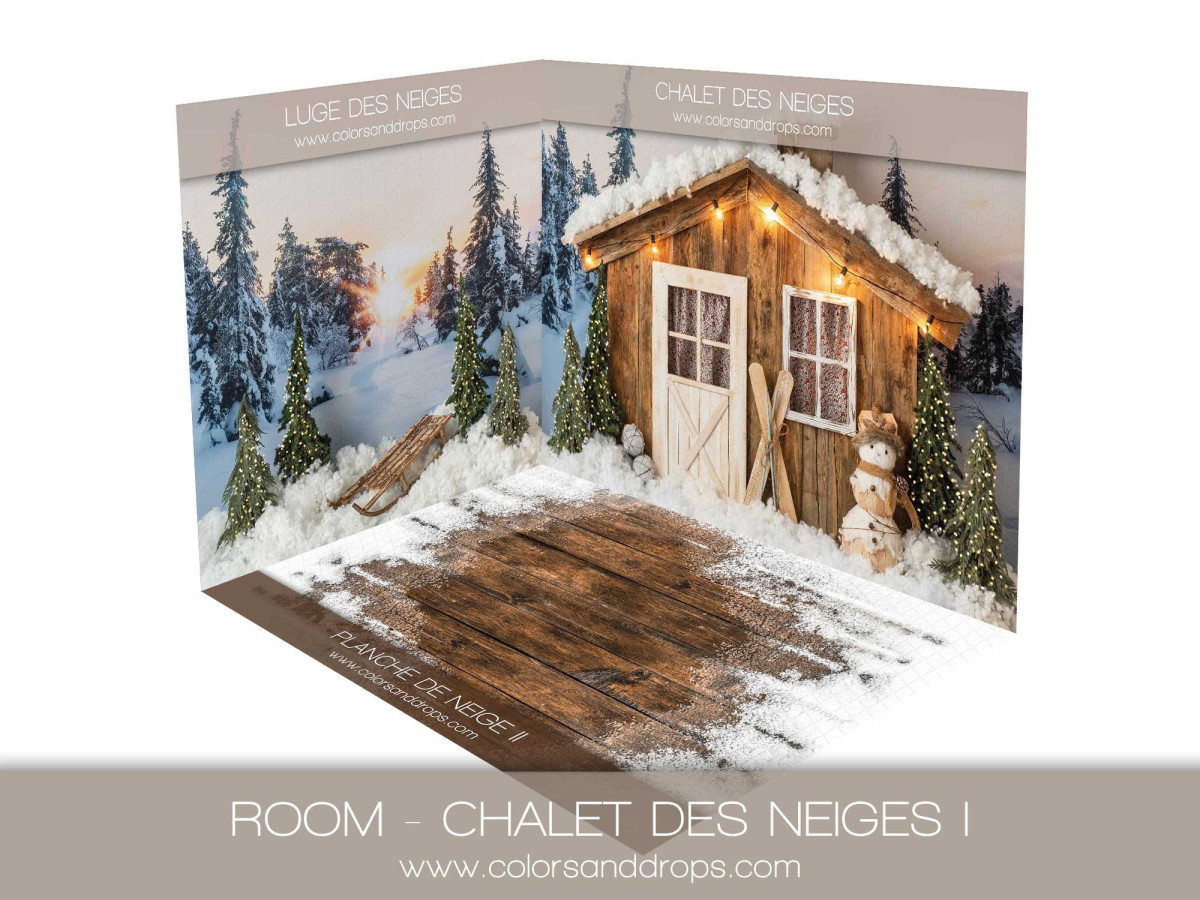 Fond photo d'angle de Noël Chalet des Neiges I – chalet enneigé avec planches enneigées | Colors&Drops