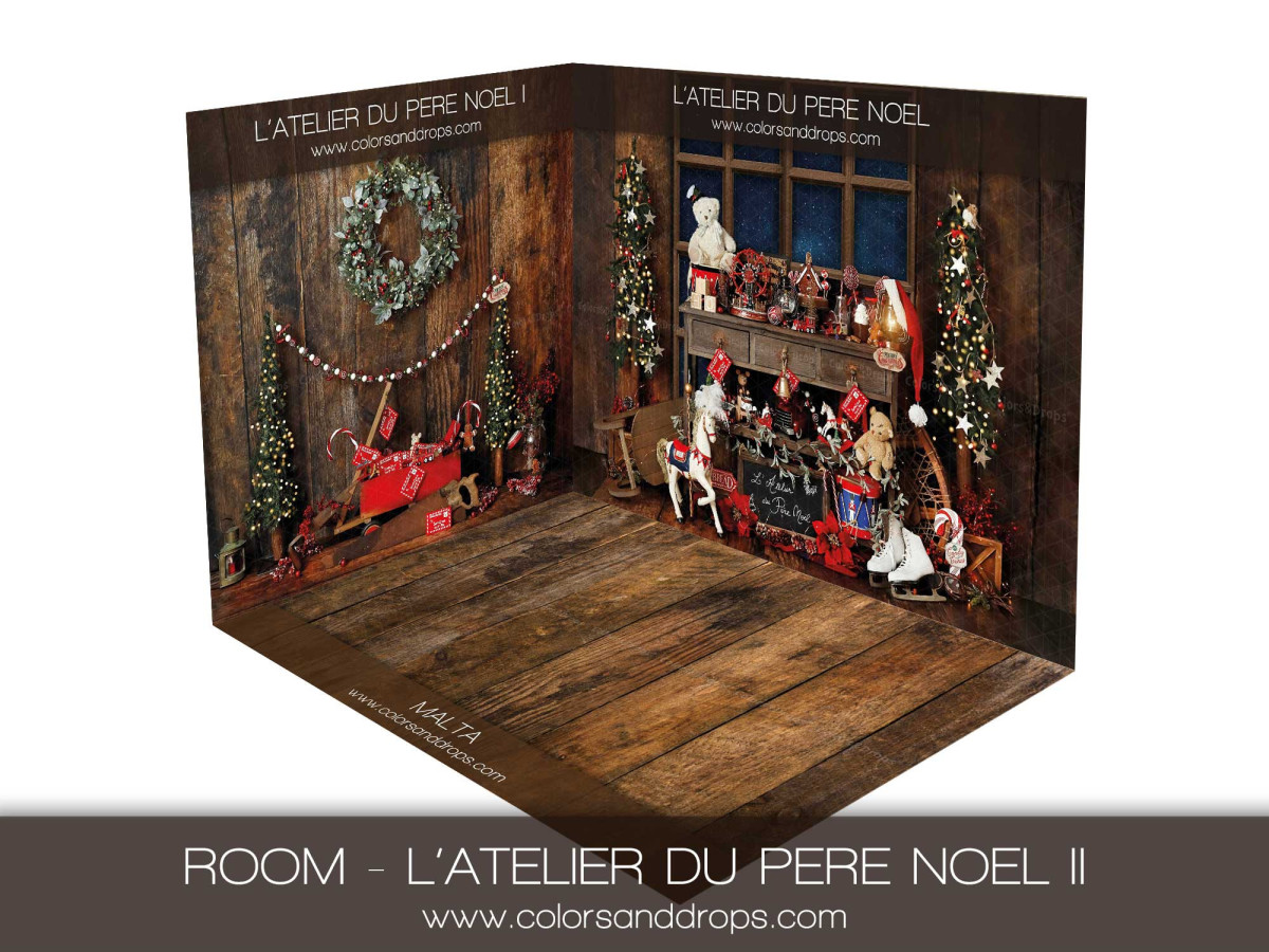 Fondo fotográfico de esquina L' Atelier du Pere Noel II – decorado en esquina del taller de Papá Noel sobre | Colors&Drops