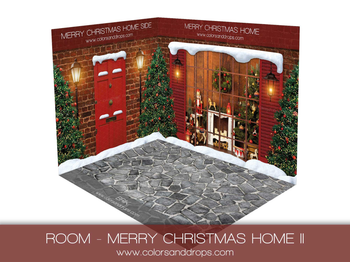 Fond photo d'angle Merry Christmas Home II – porte rouge et vitrine de Noël avec pavés | Colors&Drops