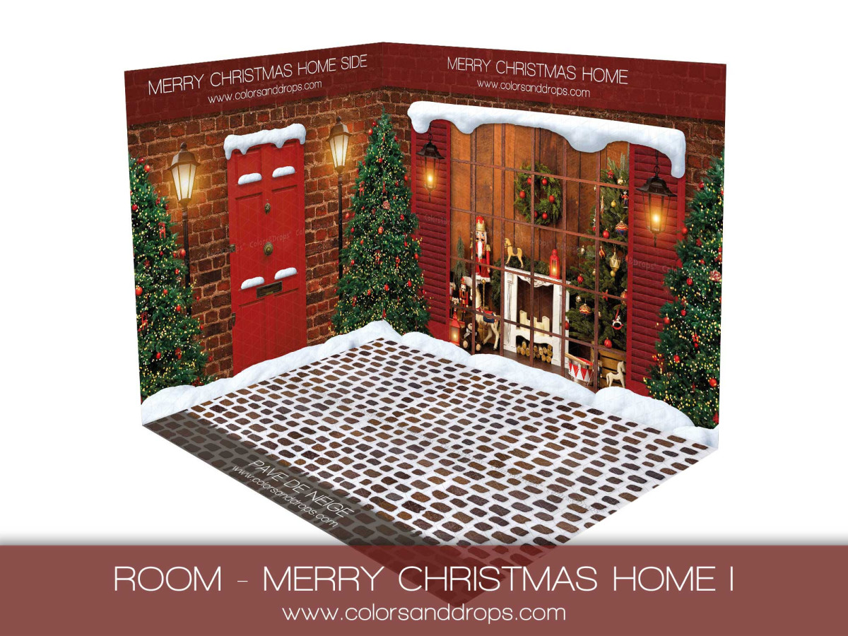 Corner photo backdrop Merry Christmas Home I – red brick facade and brown cobblestones | Colors&Drops