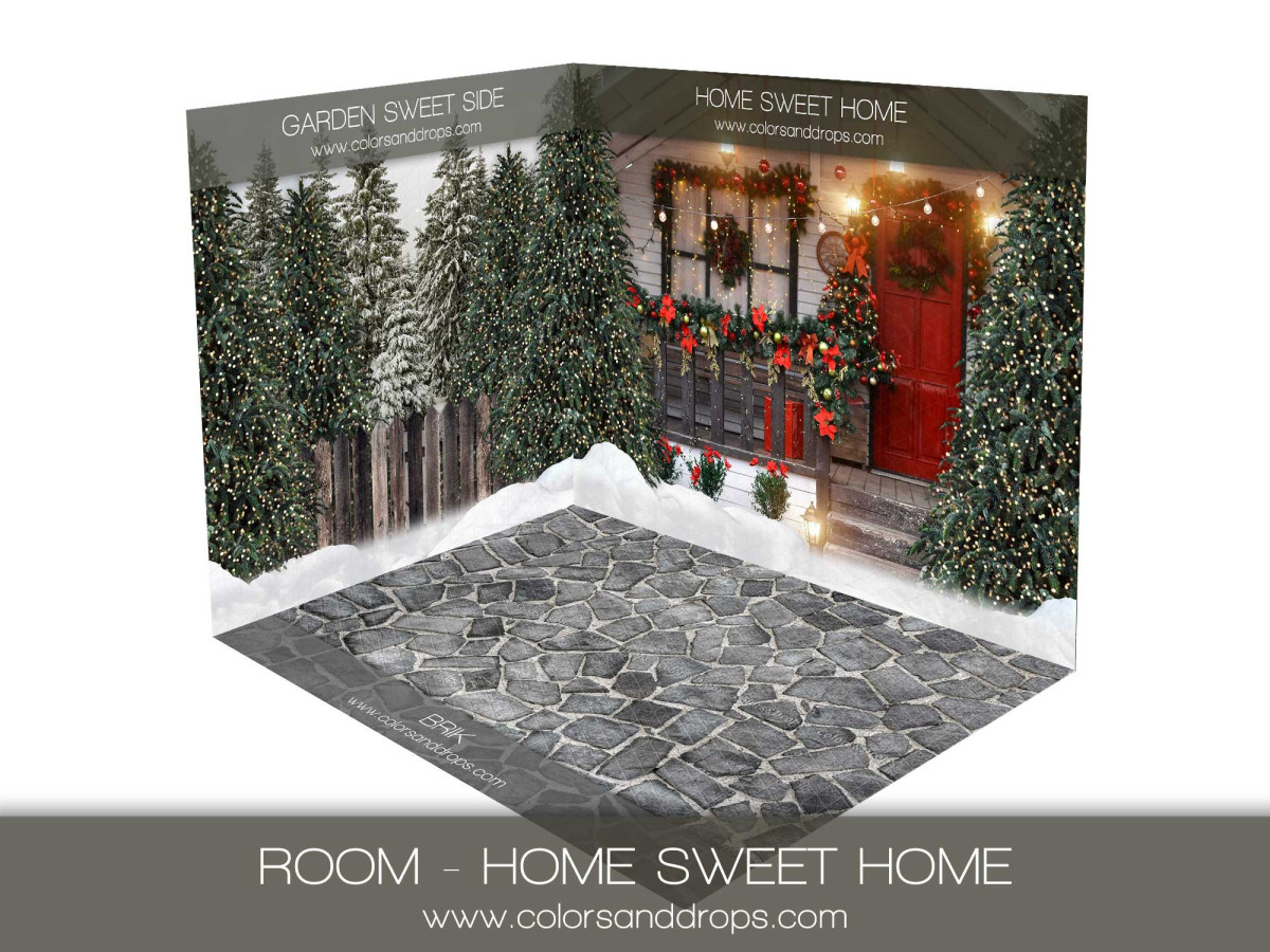 Christmas corner photo backdrop Home Sweet Home – Christmas porch and fir trees with cobblestones | Colors&Drops