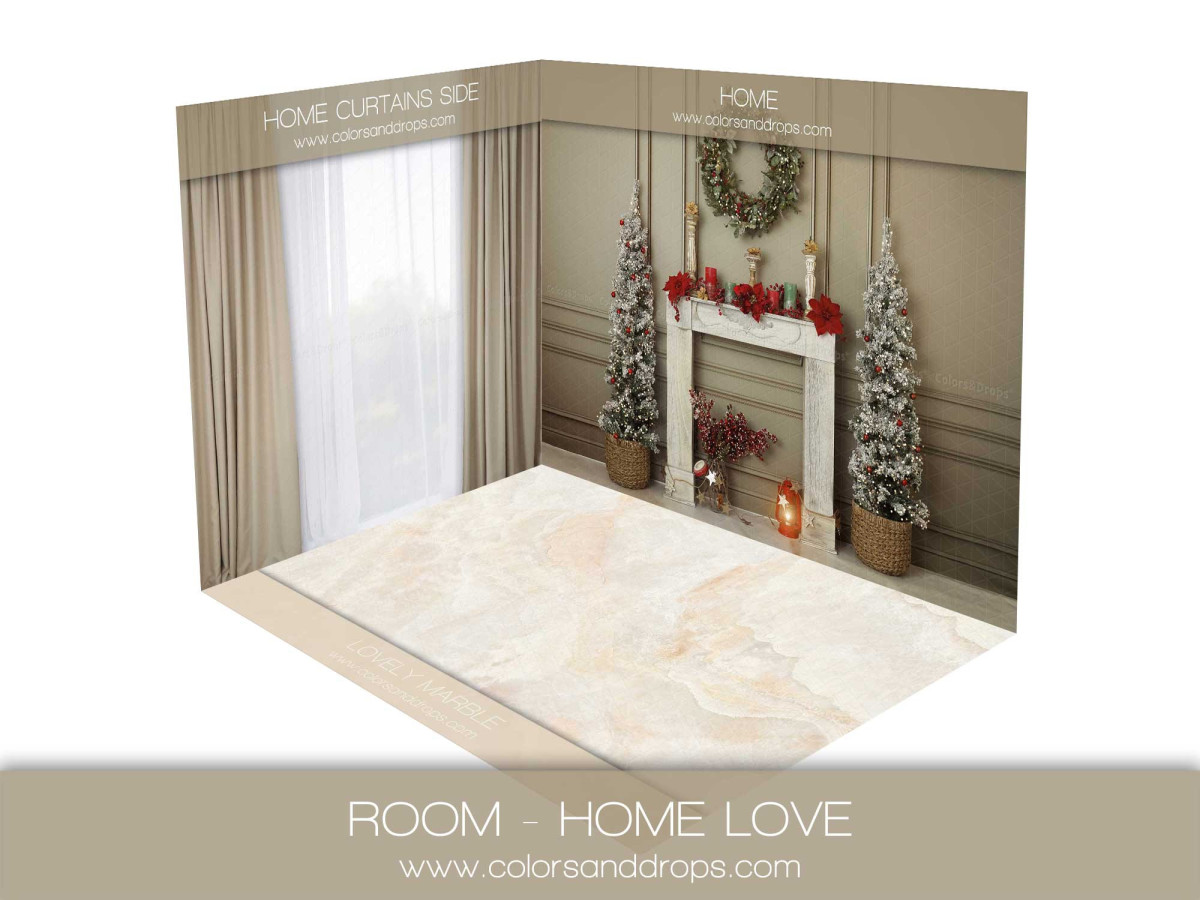 Fond photo d'angle de Noël Home Love – rideaux et cheminée de Noël sur marbre | Colors&Drops